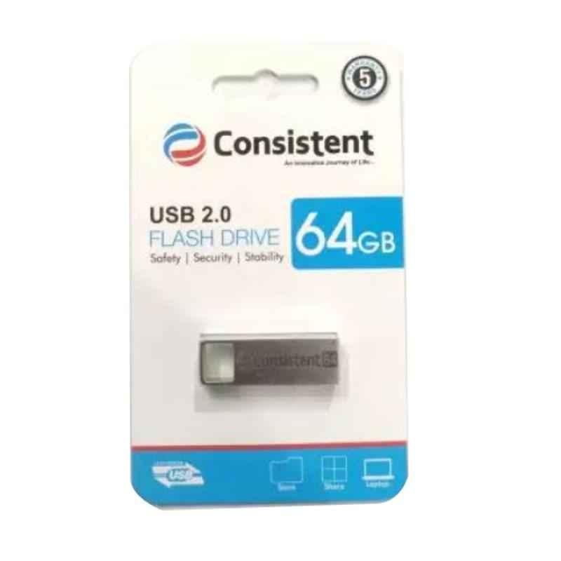 Consistent 64GB USB 2.0 Metal Silver Flash Pen Drive, CTP10064