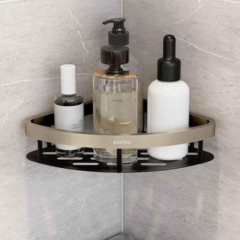 Plantex Self Adhesive Corner Shelf for Bathroom Wall/Aluminium & Stainless Steel Corner Shelf/Storage Organizer/Bathroom Accessories Set- 8x8 inch, Satin & Black