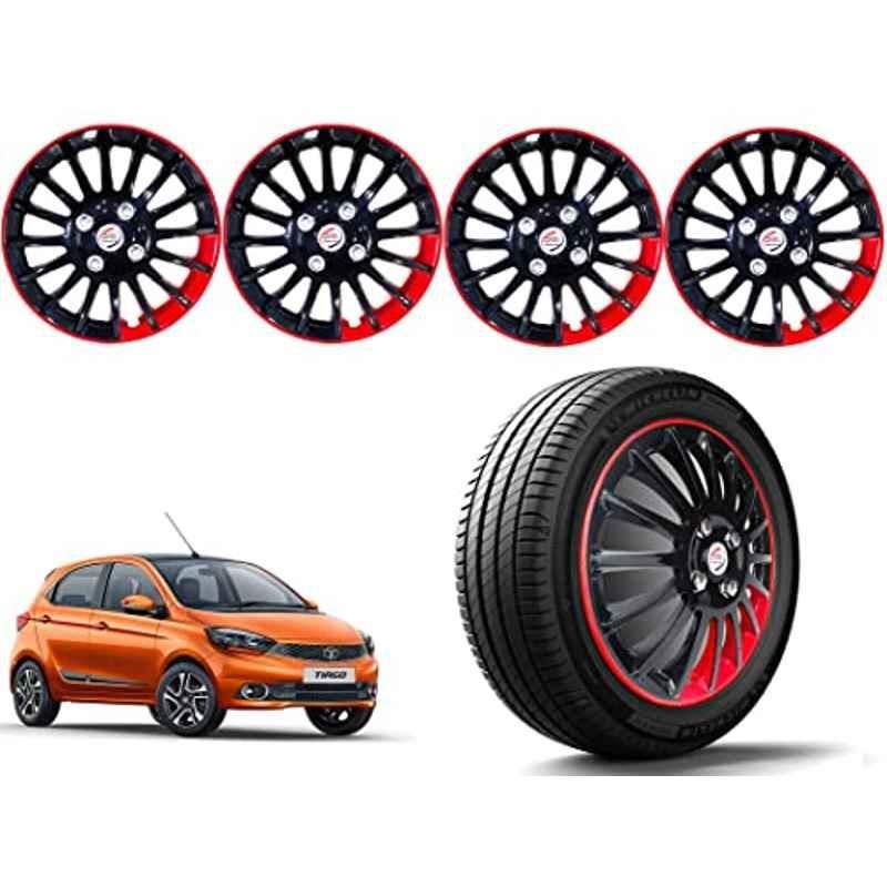 Auto Pearl 4 Pcs 13 inch Polypropylene Black & Red Press Type Car Wheel Cover Set with Retention Ring for Tata Tiago XB, XE & XM 2019, WC13in_CamryREDstrip_Tiago2019XB_XE_XM