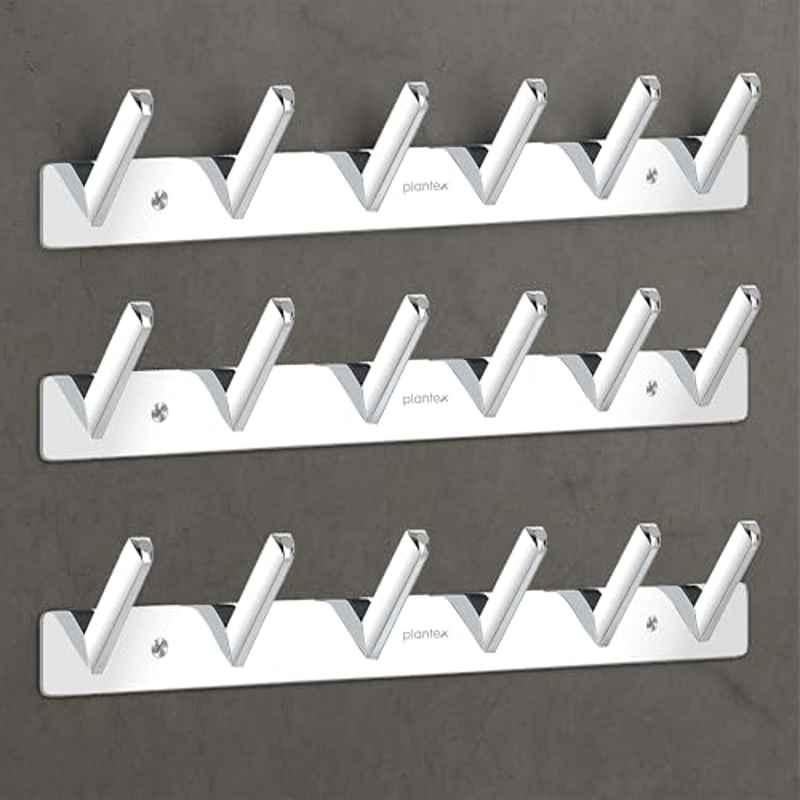Plantex Wall Hooks for Hanging Cloth/Stainless Steel Towel Hangers/Bathroom Robe Hooks/Door Hangers/Square Wall Hook/Hook Rail for Hanging Keys 6 Hooks (Pack of 3), Chrome