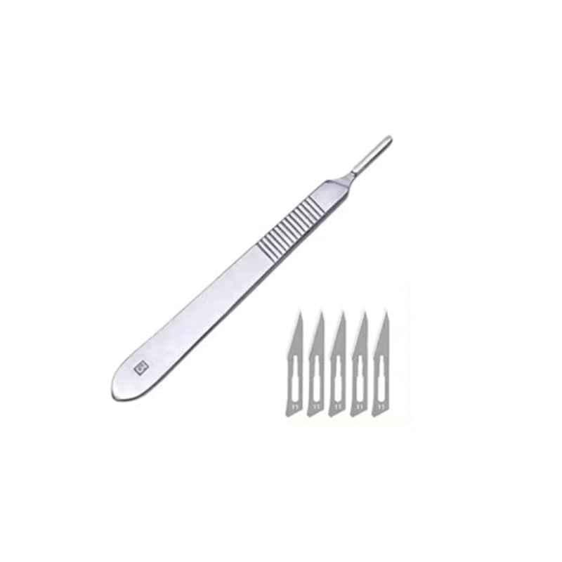 Forgesy 5 Pcs Carbon Steel Silver Surgical Scalpel Blades with Stainless Steel BP Handle Set, HGY_103