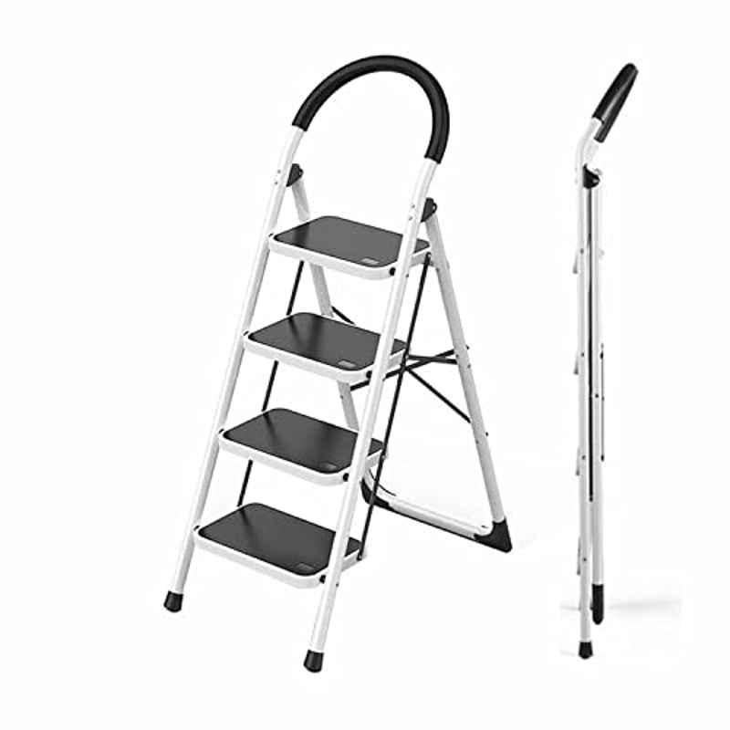 Sunrise 56x12.67x56cm 4 Steps Steel White Foldable Ladder with Wide Anti-Slip Pedal