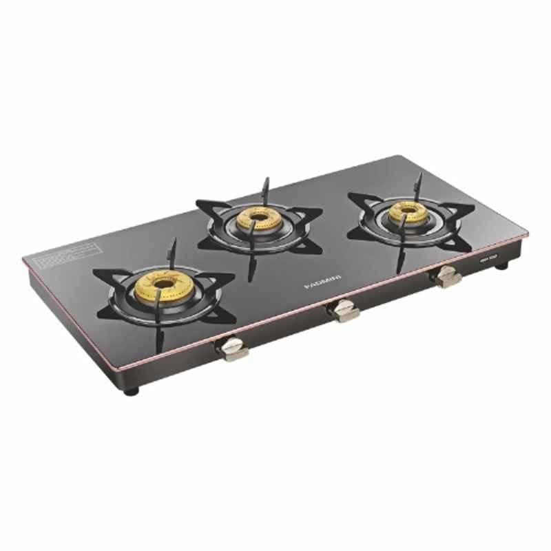 Padmini 3 Burner Stainless Steel Black Manual Ignition Glass Top Gas Stove, 3 GT Rose Gold