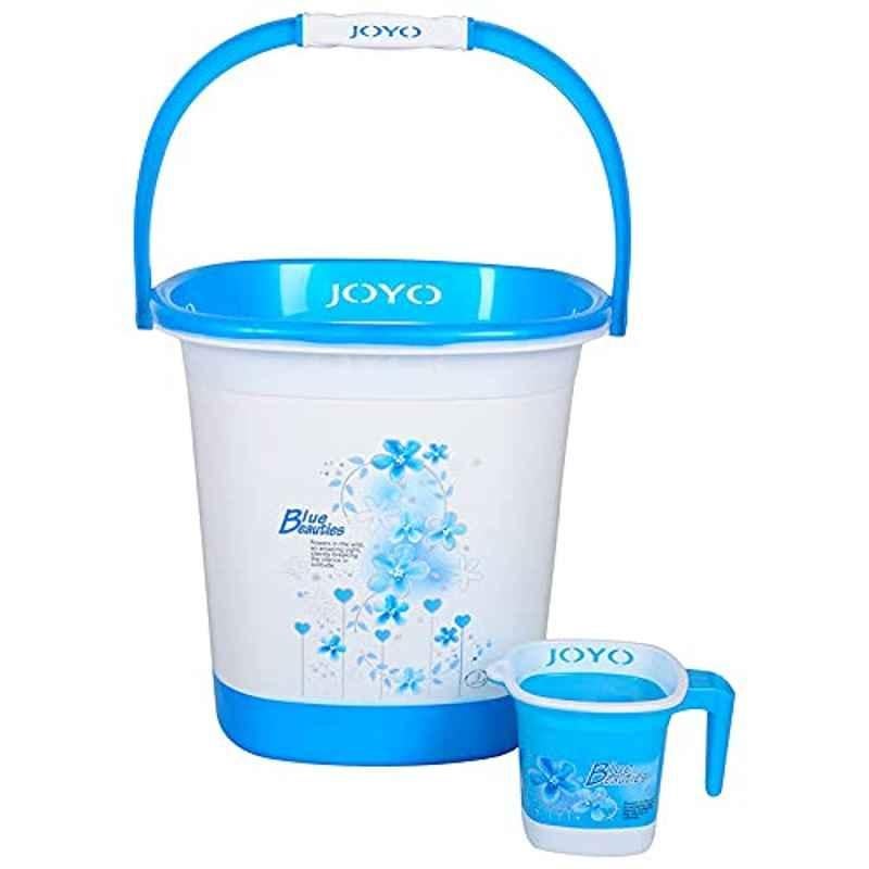 Joyo Deluxe 2 Pcs 18L Square Plastic Blue Bucket & 1100ml Matching Mug Set with Free Lasaani 1000ml Water Bottle