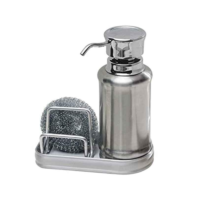 Interdesign 10 Oz Stainless Steel Silver Soap Dispenser Pump & Sponge Caddy Organizer, 111481