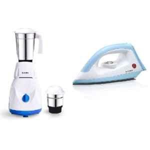 Candes Imperial 550W White & Blue Mixer Grinder with 2 Jars & EI-110 1000W White Light Weight Electric Dry Iron Combo