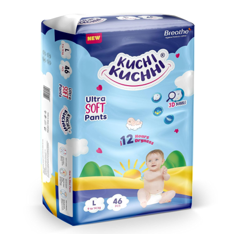 Kuchi Kuchhi 46 Pcs 9-14kg White Large Ultra Soft Baby Diaper Pant with 3D Bubble Top, KKL46