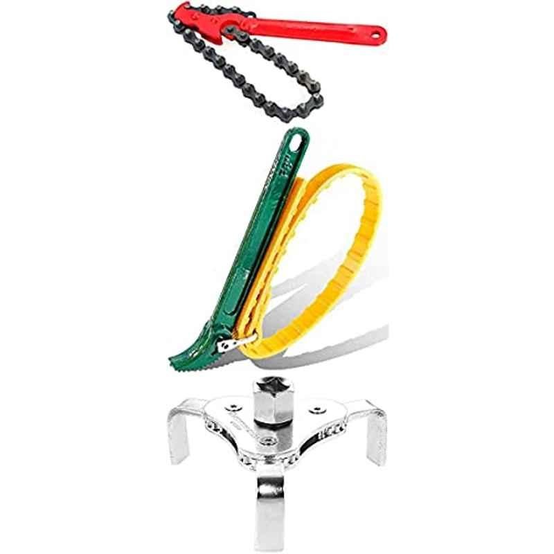 Abbasali 3Pcs Belt Wrench, Chain Wrench & Adjustable 3 Jaw Oil Wrench Set