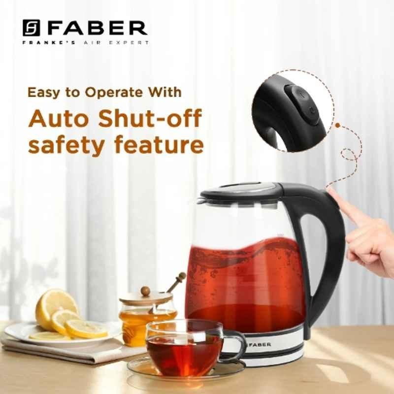 Faber 1500W 1.8 Litre Borosilicate Glass Black Electric Kettle with 1 Year Warranty, 131.0718.502