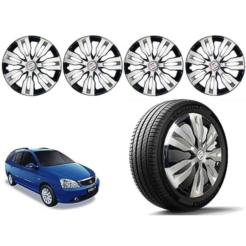 Auto Pearl 4 Pcs 14 inch Polypropylene Silver & Black Press Type Car Wheel Cover Set with Retention Ring for Tata Indigo Marina, 14WC_DzireT2_DC_IndigoMarina