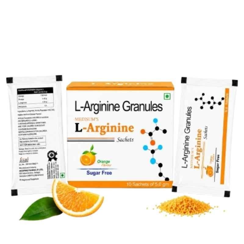 Medisum Biotech 5g Sugar Free Orange Flavour L-Arginine Granules Sachet for Supports Heart Health & Boosts Immunity (Pack of 10)