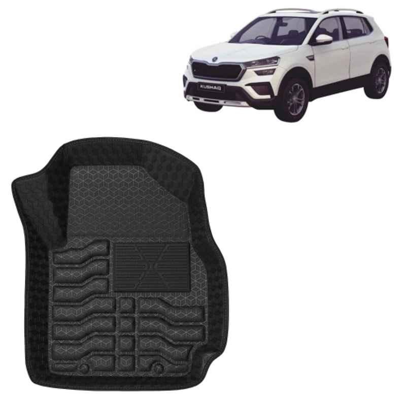 Kingsway 3 Pcs Premium 4.5D 100% Waterproof Tray Shape PVC Black Car Floor Mat Set for Skoda Kushaq 2021 to 2025 All Model