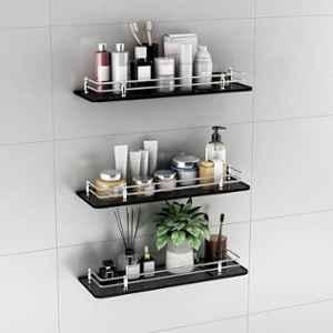 Plantex Premium Black Glass Shelf for Bathroom/Kitchen/Living Room Bathroom Accessories Polished, 18x6 inch(Pack of 3)