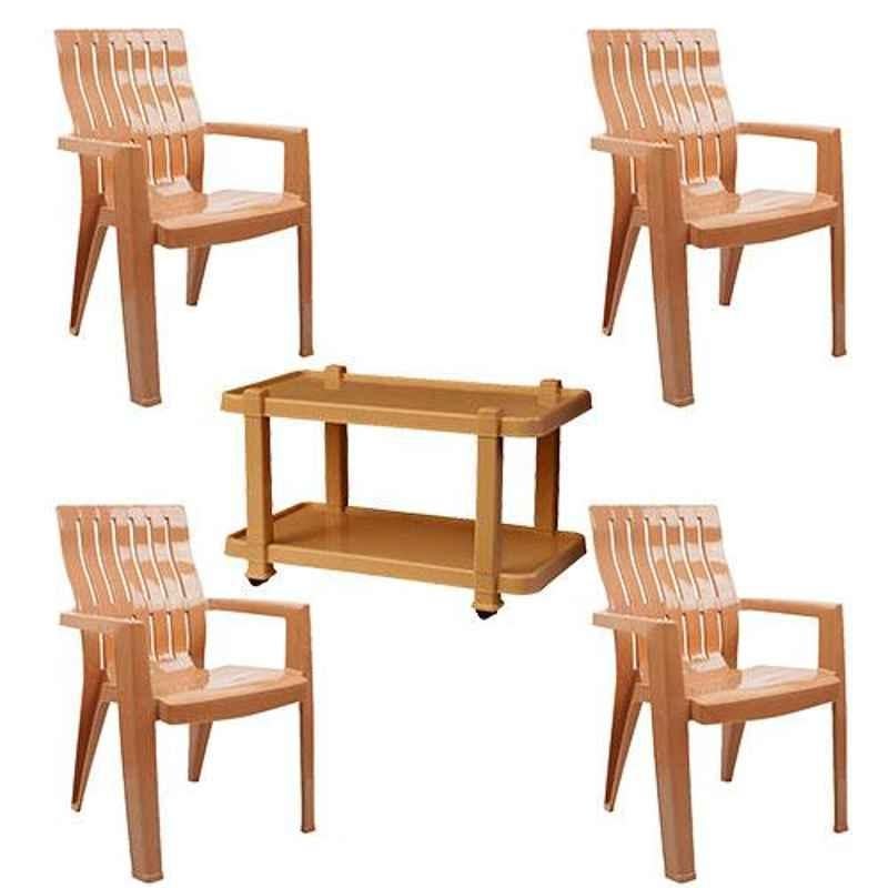 Italica 4 Pcs Polypropylene Camel Spine Care Chair & Marble Beige Table with Wheels Set, 2277-4/9509