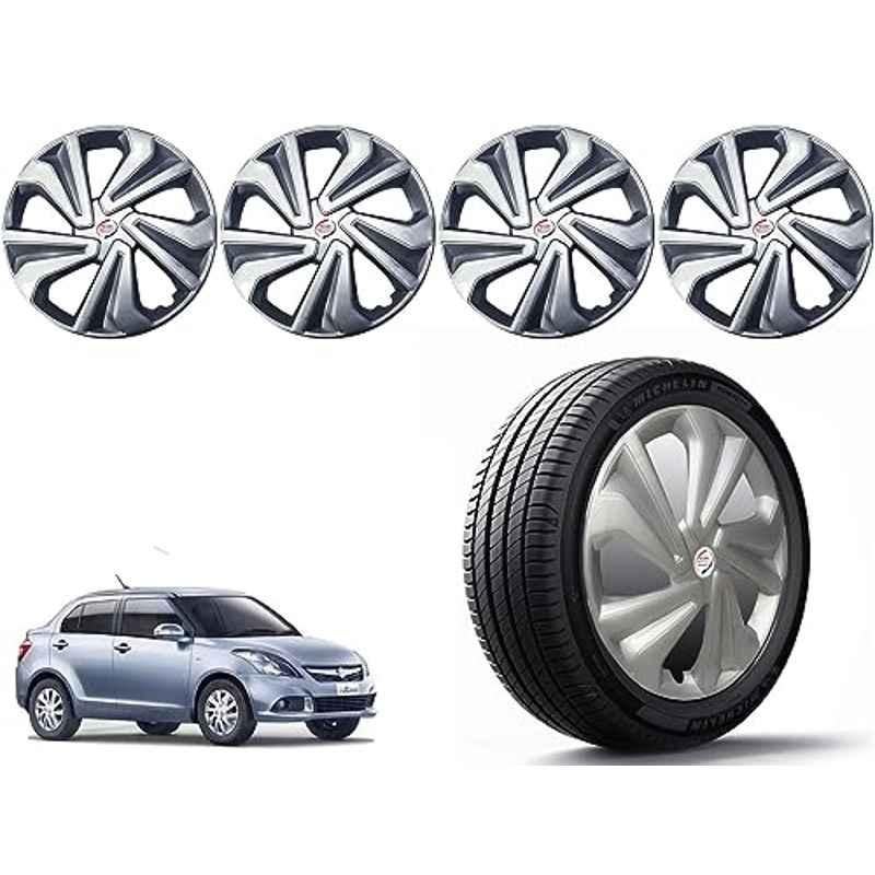 Auto Pearl 4 Pcs 14 inch Polypropylene Silver Press Type Car Wheel Cover Set with Retention Ring for Maruti Suzuki Swift Dzire Type 3 2015-2017, 14WC_Tiago_Silver_DzireType3_2015_17
