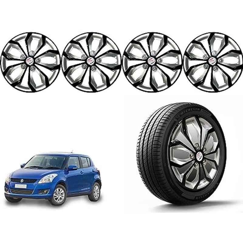 Auto Pearl 4 Pcs 14 inch Polypropylene Black & Silver Press Type Car Wheel Cover Set with Retention Ring for Maruti Suzuki Swift 2011-2014, 14WC_Pearl_Rev_Swift2011_2014