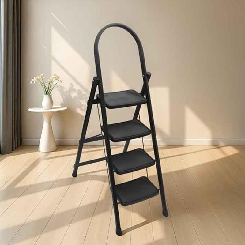 Plantex Hercules Pro Black 4-Step Foldable Ladder for Home with 150kg Load Capacity/Heavy-Duty Steel Ladder/Anti-Slip Wide Step/Strong, Stable & Multi-Purpose