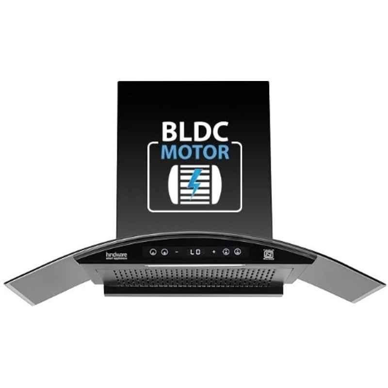 Hindware Sancia BLDC 90 60cm 1400CMH Black Filterless Autoclean Curved Glass Kitchen Chimney with Motion Sensor, Touch Control & 3 Years Warranty, 528045