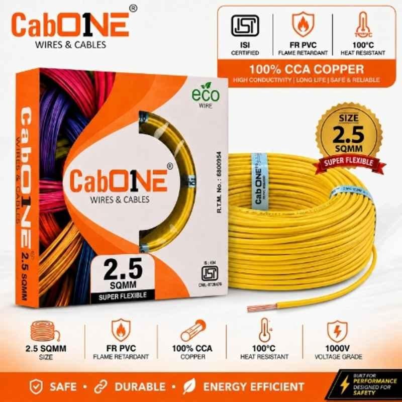 CabONE Lite 2.5 Sqmm Yellow Single Core FR PVC Insulated CCA Copper Electrical Wire, Length: 45 m