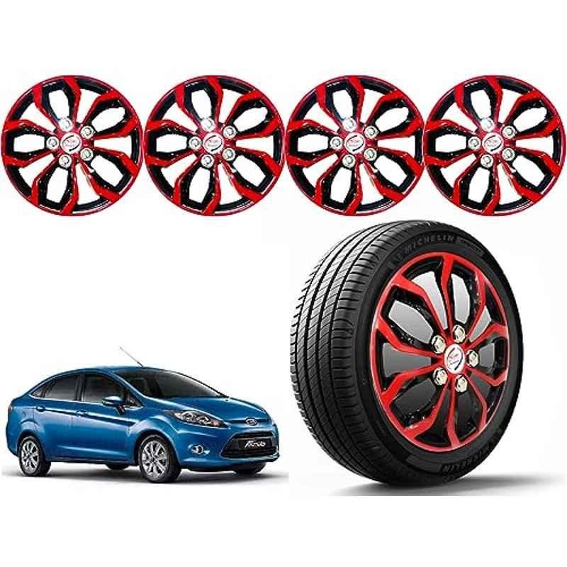 Auto Pearl 4 Pcs 14 inch Polypropylene Red & Black Press Type Car Wheel Cover Set with Retention Ring for Ford Fiesta 2013 Onwards