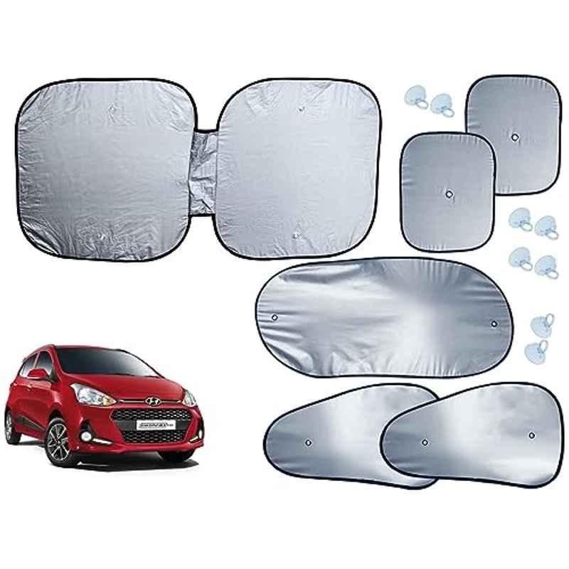 Auto Pearl 6 Pcs Polyester Black & Silver Window, Front & Rear Sun Shade Set for Hyundai i10 Grand 2017