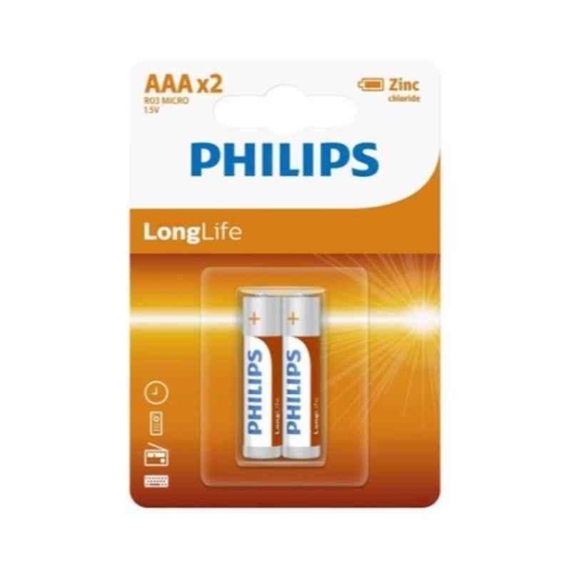 Philips LongLife 2Pcs 1.5V AAA White, Orange & Silver Zinc Chloride Battery Set, R03L2B/97