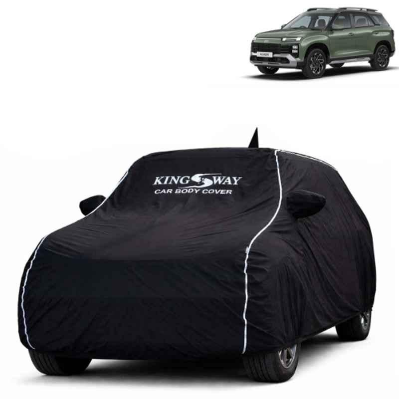 Kingsway Super Waterproof All Weather Protection Polypropylene Black Car Cover for Hyundai Alcazar 2024 Onwards with Silver Piping, Mirror & Antenna Pockets