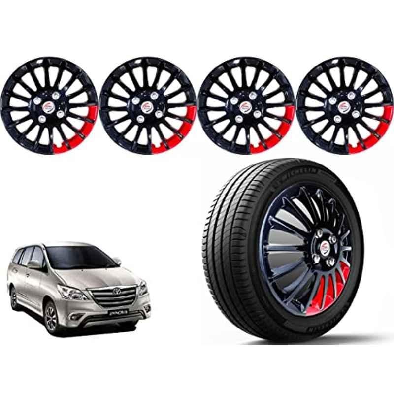 Auto Pearl 4 Pcs 15 inch ABS Black & Red Press Type Car Wheel Cover Set with Retention Ring for Toyota Innova 2013-2015
