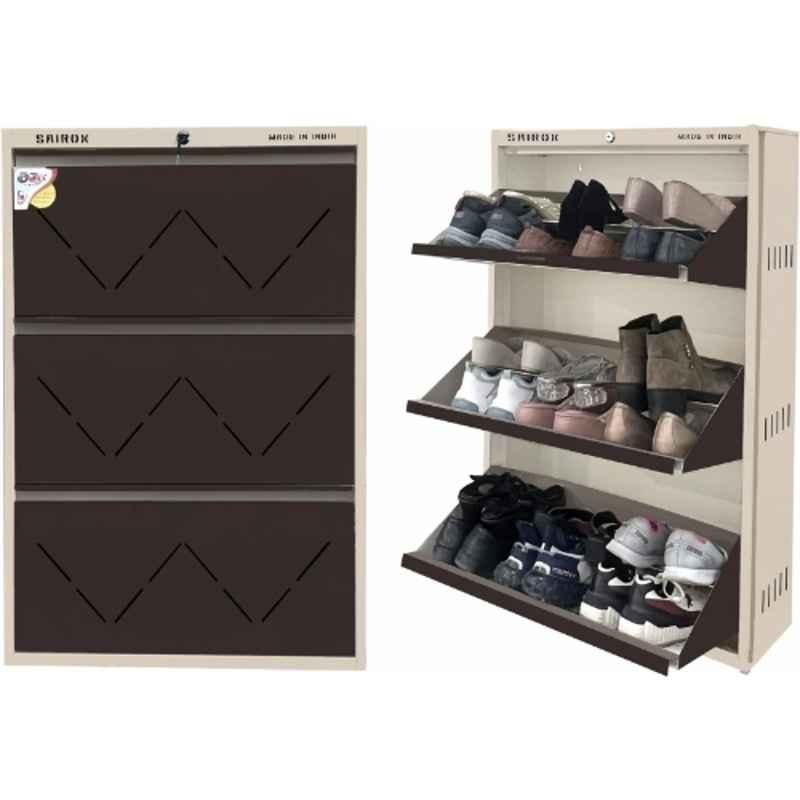 Sairox 29x8.5x43 inch CRC Sheet Brown 3 Shelves Three Door Wall Mounted DIY Shoe Rack for 16-18 Pair, SXSR002