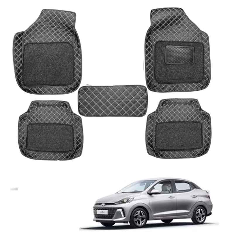 Kozdiko 5 Pcs Waterproof & Luxury 7D Black Leatherette Car Floor Mat Set for Hyundai Aura Facelift