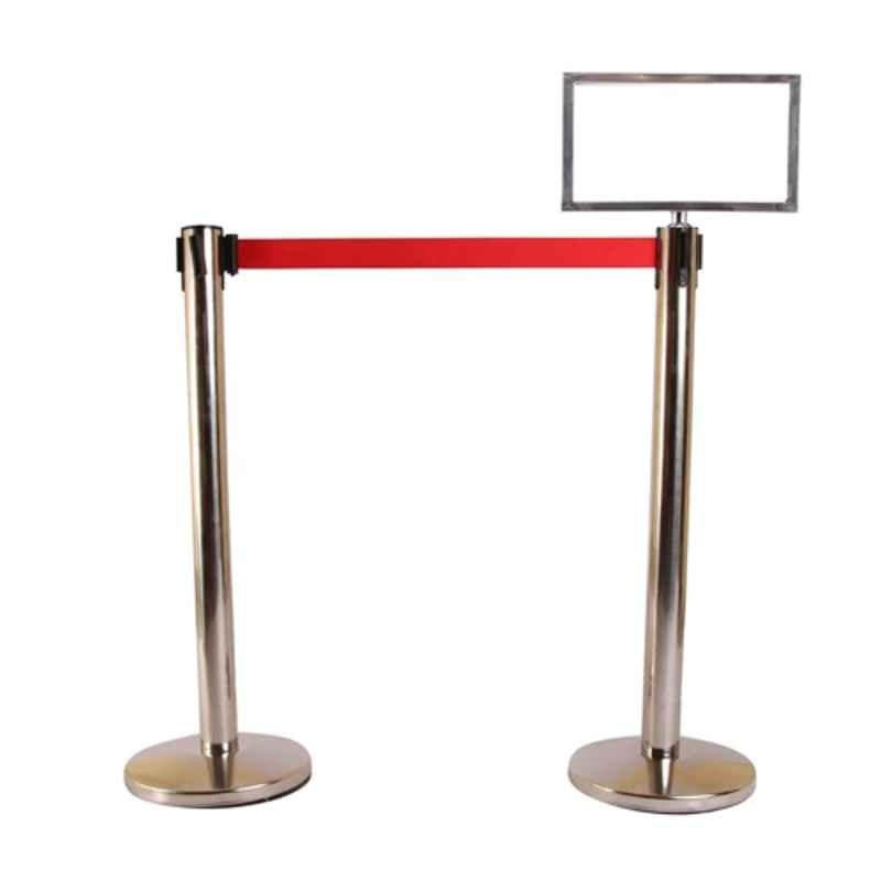 Ladwa 2 Pcs Stainless Steel Hook Type Barricade Set with 2.25m Red Belt & A3 Sign Plate, LSI-QMR-A3-P2-N