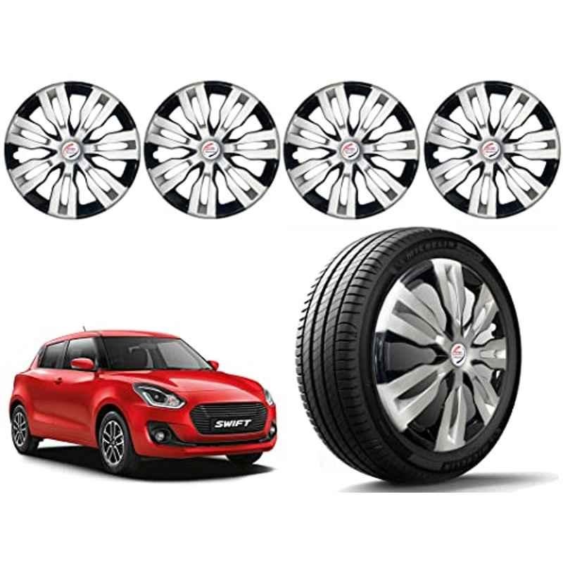Auto Pearl 4 Pcs 14 inch Polypropylene Silver & Black Press Type Car Wheel Cover Set with Retention Ring for Maruti Suzuki Swift 2018-2022, 14WC_Dzire2017_DC_Swift(2018-2022)