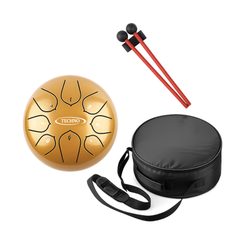 Techno 6 inch 8 Tone Carbon Steel Yellow Happy Drum with Carry Bag & Stick, RJ-HD33