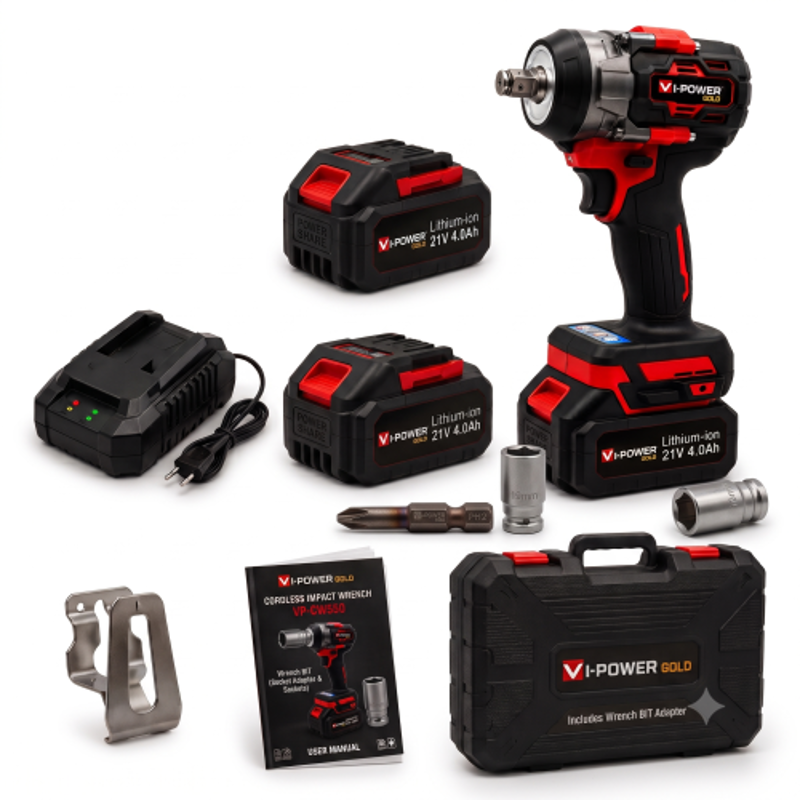 Vi Power Gold 4Ah 21V Heavy Duty Cordless Impact Wrench with Powerful 550Nm Torque, 2 Batteries & Fast Charger