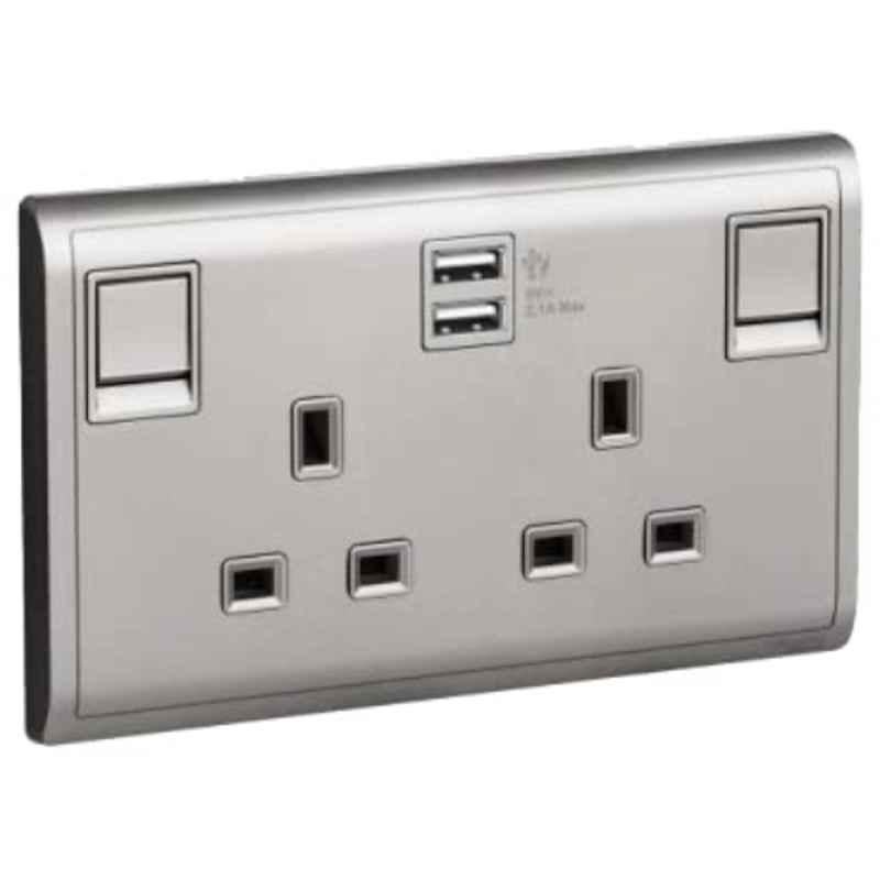 Schneider Pieno 13A Aluminium Silver Twin Gang Switched Socket with 2.1A USB, E82T25USB-AS-G12