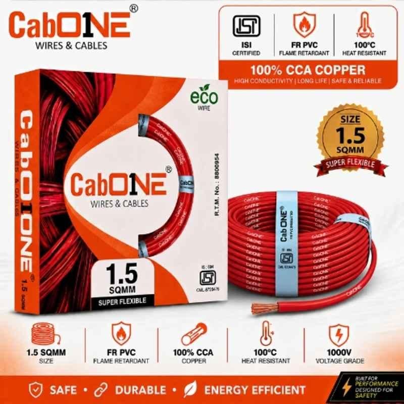 CabONE Lite 1.5 Sqmm Red Single Core FR PVC Insulated CCA Copper Electrical Wire, Length: 45 m