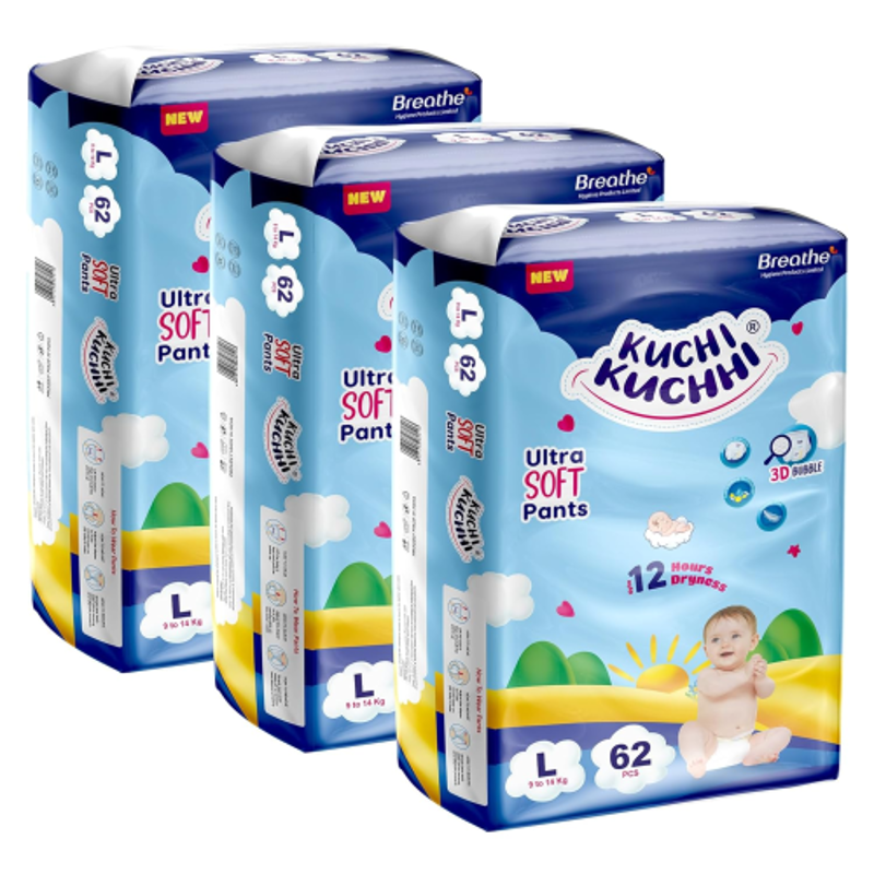 Kuchi Kuchhi Baby Diaper Pants, Large (9-14kg), Pack of 3 (186 Pcs), 3D Bubble Top Ultra Soft Unisex Leakproof Diapers, KKL62X3