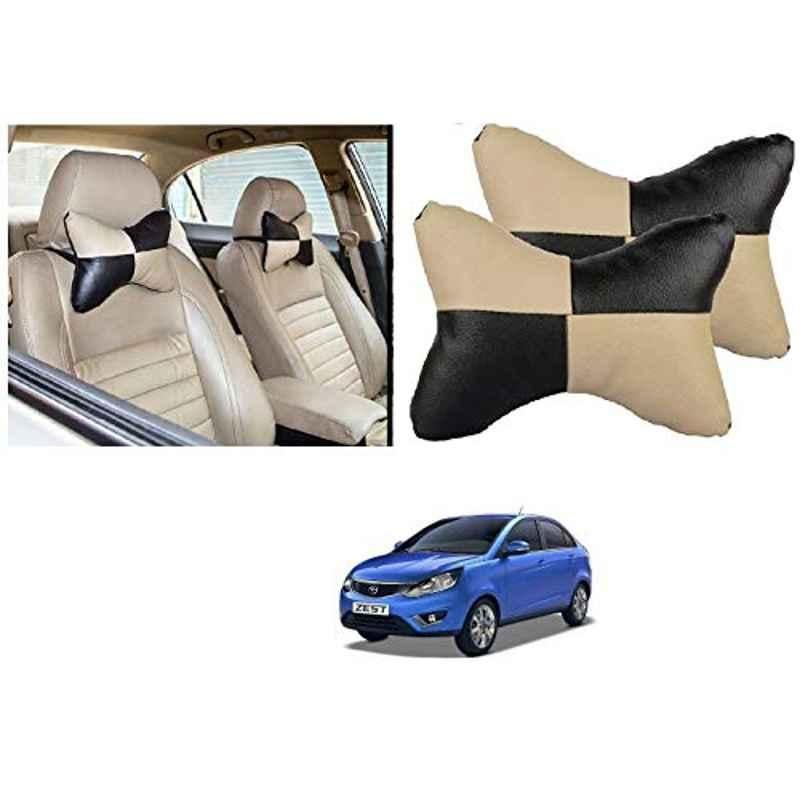 Kozdiko 2 Pcs Black & Beige Car Square Chess Design Neck Rest Seat Pillow Set for Tata Zest