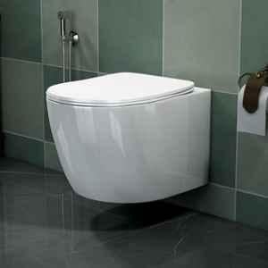 Plantex Italica Ceramic White Glossy Wall P Trap Hung Commode/Imported Rimless Washdown Western Commode with Soft Close