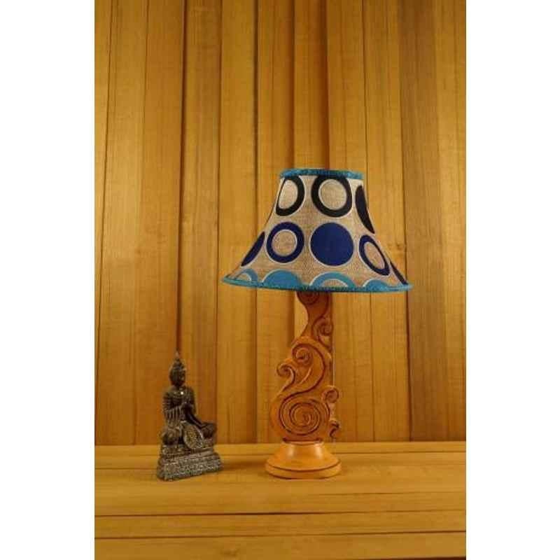 Tucasa Mango Wood Orange Carving Table Lamp with 12 inch Polysilk Blue Circle Conical Shade, WL-102