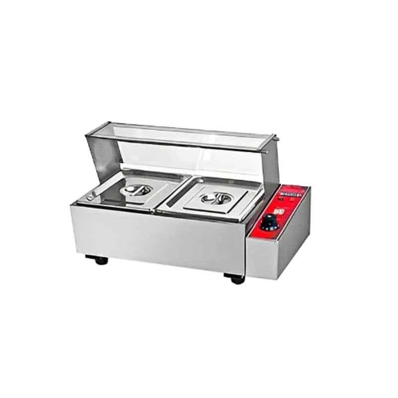 Khushi Udyog 2000W 2 Pan Stainless Steel Silver Bain Marie Food Warmer with Glass Display