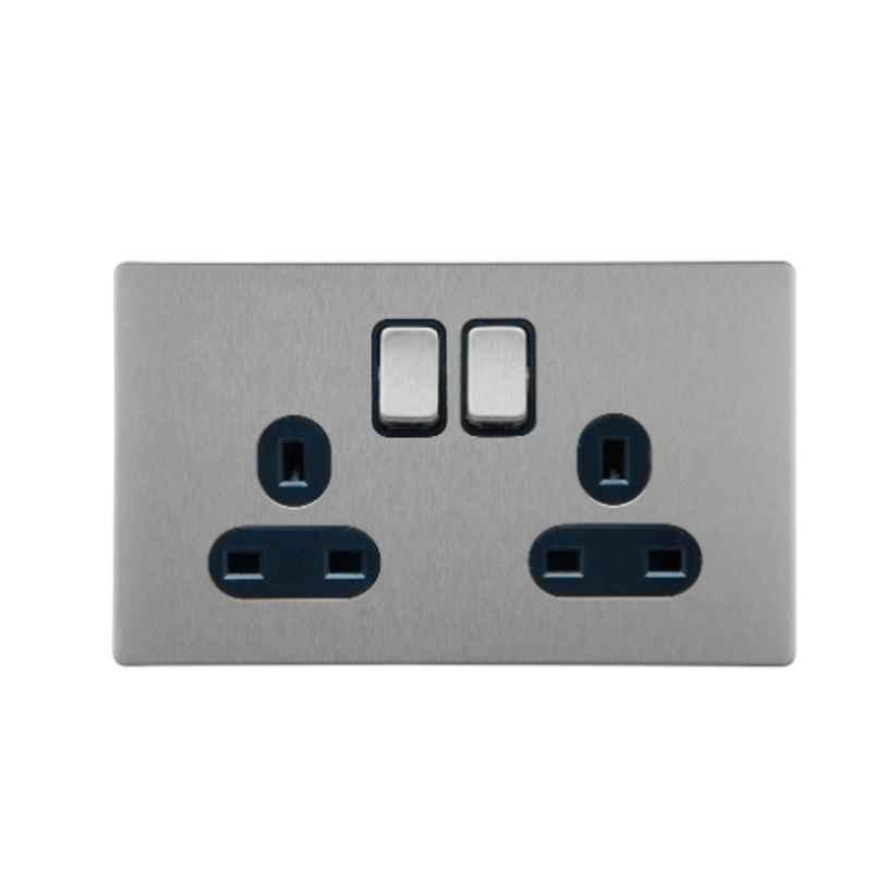 RR Vivan Metallic 13A Brushed Stainless Steel DP Twin Outlet Switched Socket with Black Insert, VN6663M-B-BSS