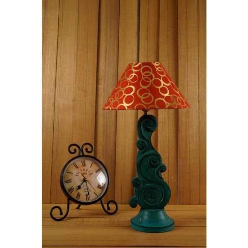 Tucasa Mango Wood Mistique Green Carving Table Lamp with 10 inch Polycotton Red Circle Pyramid Shade, WL-36