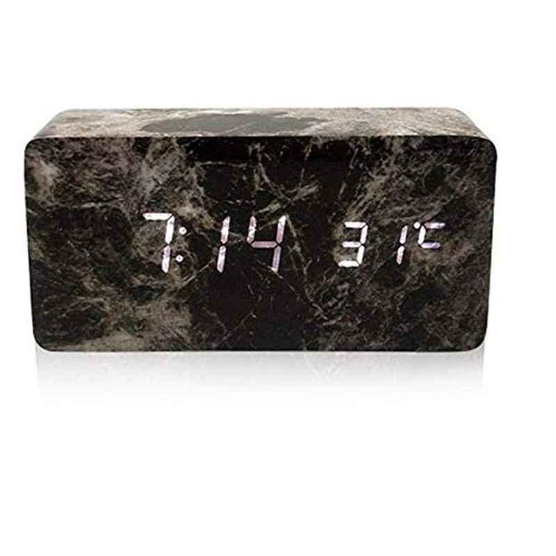 Rubik Wood Black Marble & White Digital Alarm Clock, RLACWTTMARBW-1