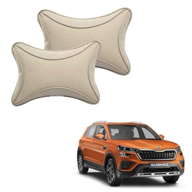 Kozdiko 2 Pcs Memory Foam & Polyester Beige Dots Car Neck Rest Pillow Set for Skoda Kushaq, XNVJVHGJFH141