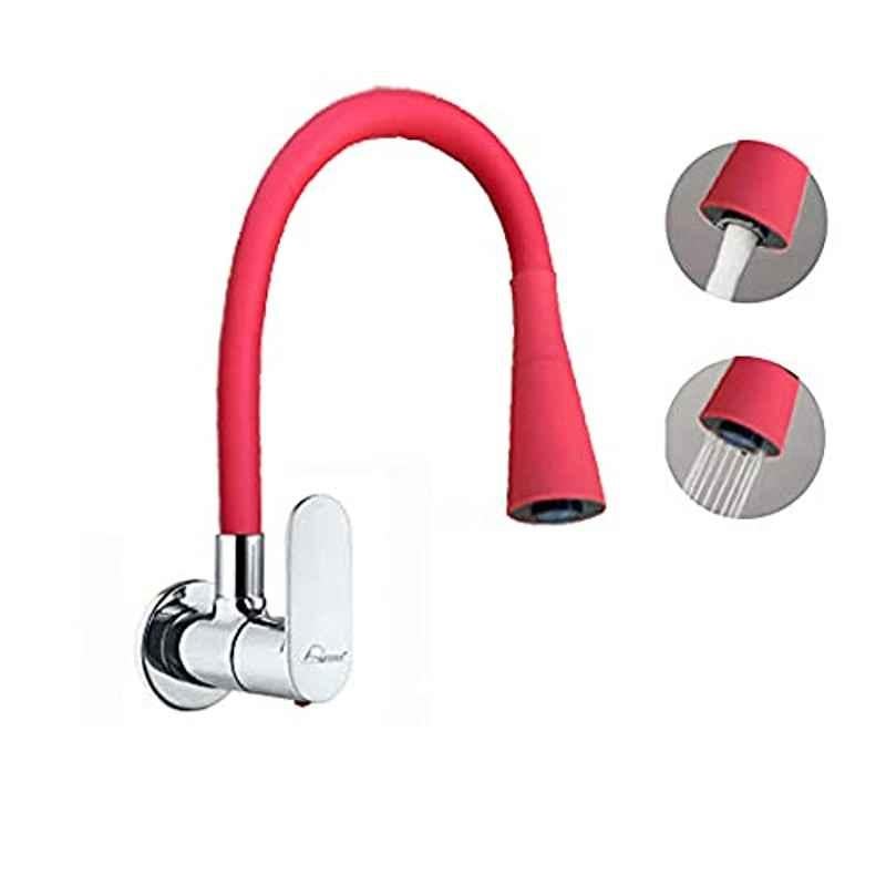 Aquieen Brass Double Flow Chrome & Red Sink Cock with Wall Flange & Flexible Spout