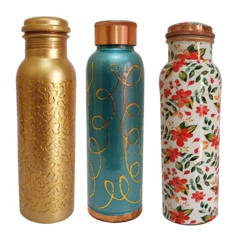 Healthchoice 1L Golden, Meena & Orange Copper Jointless Water Bottle (Pack of 3)