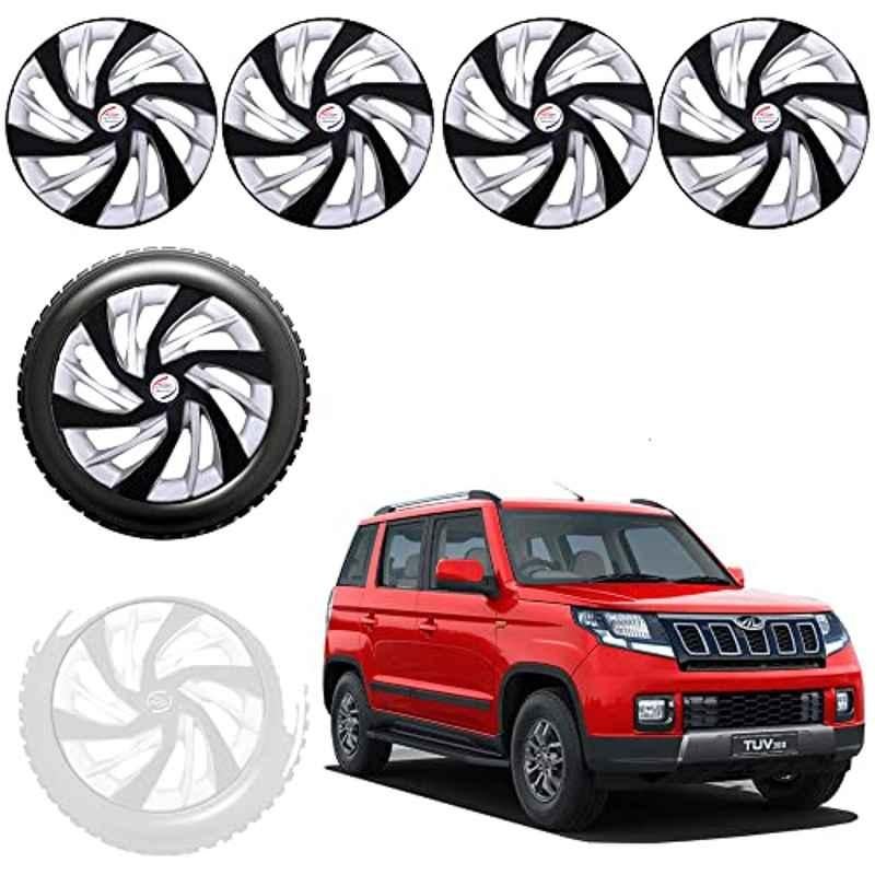 Auto Pearl 4 Pcs 15 inch Black & Silver ABS Press Type Hubcap Wheel Cover Set with Retention Ring for Mahindra TUV 300