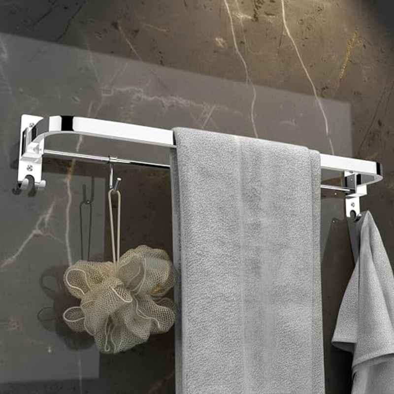 Plantex Stainless Steel Folding Single Towel Rod with Hooks/Towel Holder for Bathroom/Towel Hanger/Towel Stand/Bathroom Accessories 24 inch -Chrome