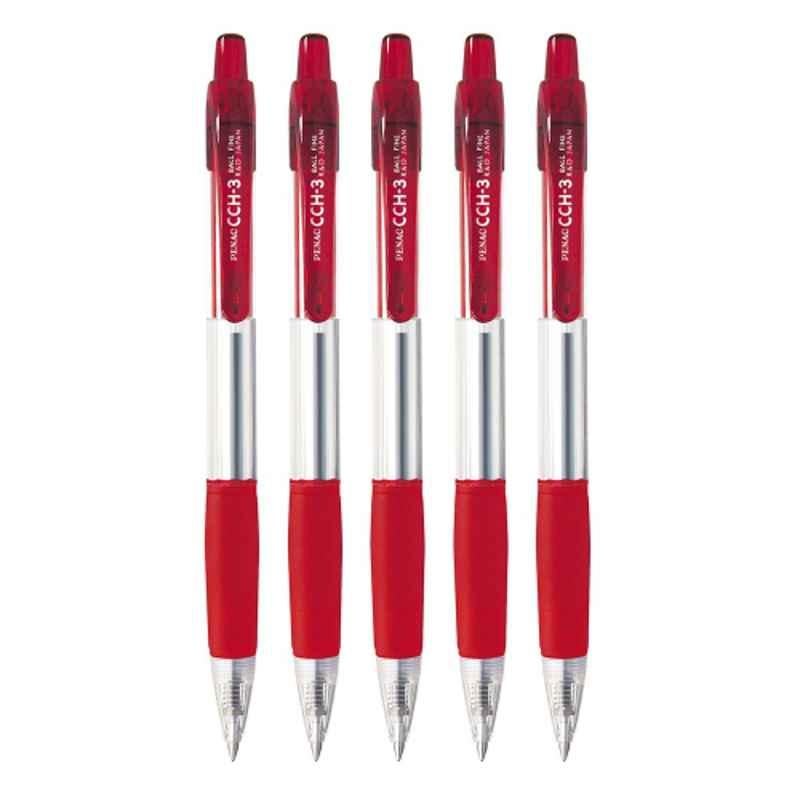 PENAC CH-3 0.7mm Plastic Red Ball Pen, BA3001-02FPO5 (Pack of 5)